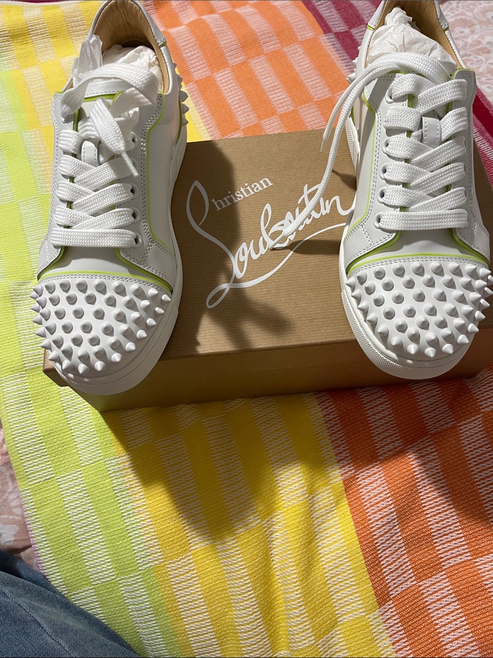 Christian Louboutin White Leather Spike Sneakers with Lime Trim